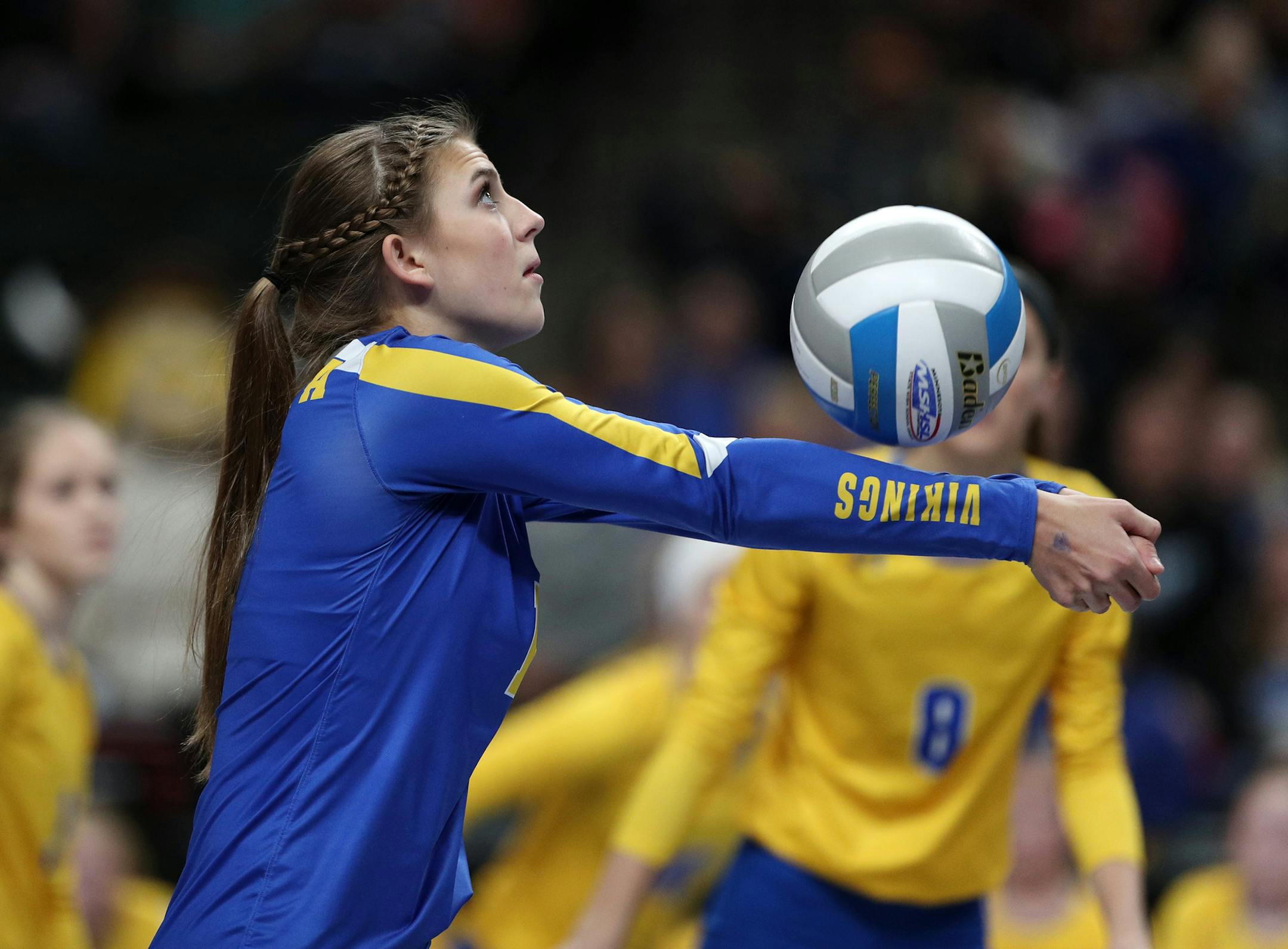 Minneota High School's Abby Hennen (1) bumped the ball. ] ANTHONY SOUFFLE ï anthony.souffle@startribune.com Game action from a Class 1A semifinal volleyball game between Minneota High School and Bethlehem Academy Friday, Nov. 10. 2017 at the Xcel Energy Center in St. Paul, Minn.