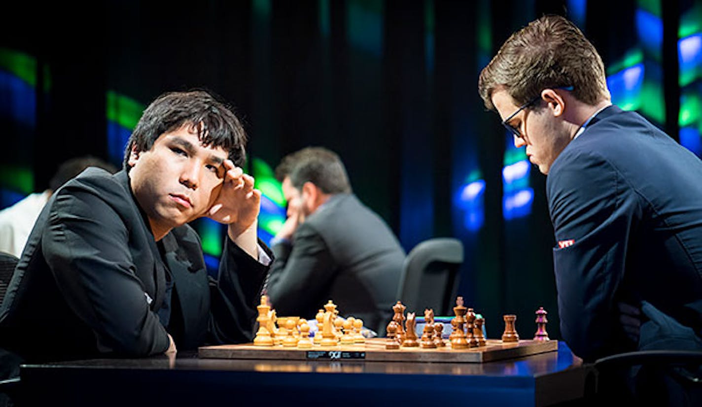 Minnetonka chess grandmaster Wesley So, left, played against world champion Magnus Carlsen in a tournament in Paris in June. Carlsen won their encounter.