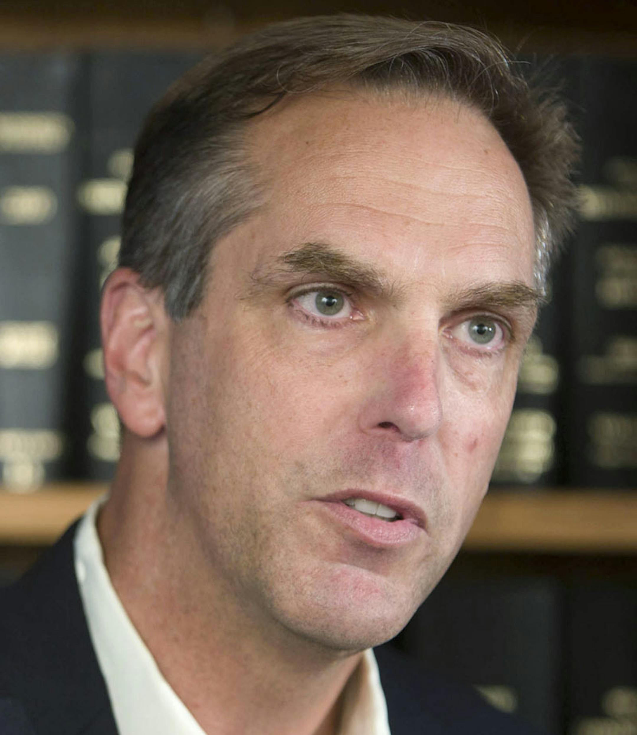 FOR RELEASE MONDAY, JANUARY 20, 2014, AT 12:01 A.M. CST - FILE - In this May 29, 2013 file photo, Republican businessman Mike McFadden speaks during a news conference in St. Paul, Minn. McFadden is one of two Republicans considered the biggest threats to take on Democratic Sen. Al Franken in November. (AP Photo/Minnesota Public Radio, Jennifer Simonson, File) ORG XMIT: MIN2014013119105531 ORG XMIT: MIN1401311913310243