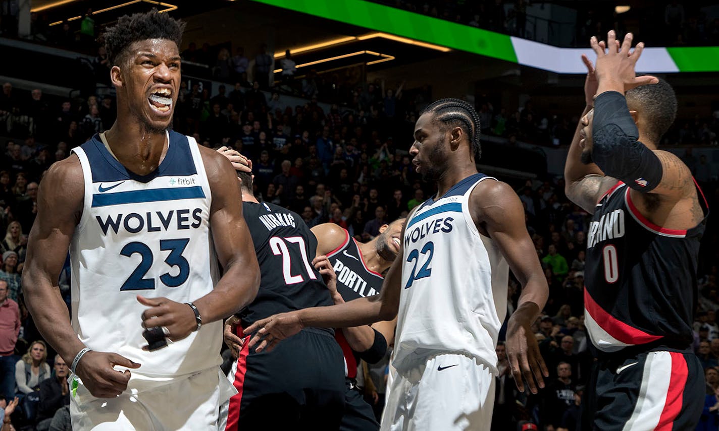 Jimmy Butler reacted after being fouled in the fourth quarter. ] CARLOS GONZALEZ ï cgonzalez@startribune.com - ATTN _ THIS WAS NOT THE LAST FOUL OF THE GAME - December 18, 2017, Minneapolis, MN, Target Center, NBA, Basketball, Minnesota Timberwolves vs. Portland Trail Blazers