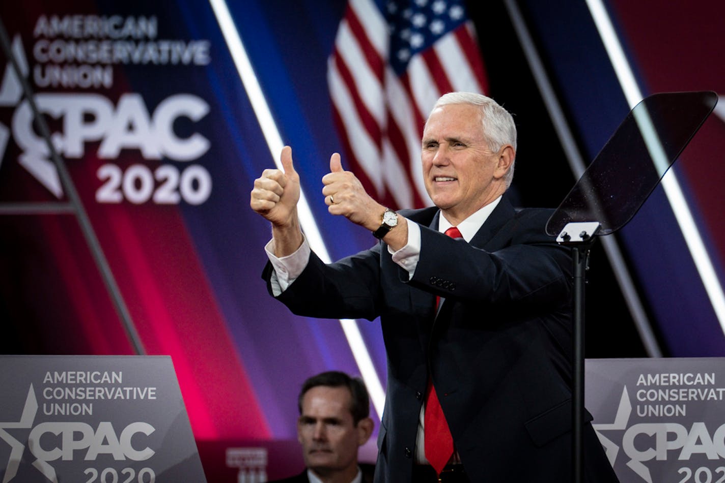 Vice President Mike Pence arrives on stage to address the opening day of the Conservative Political Action Conference in National Harbor, Md., Feb. 27, 2020. (Pete Marovich/The New York Times)