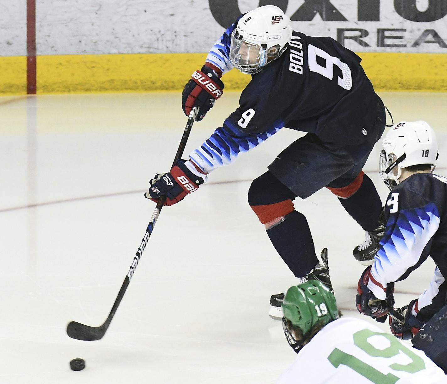 December 29, 2018 US National Under 18 team forward Matthew Boldy (9) skates the puck towards the net in a exhibition men's college hockey game between the U.S. National Under-18 team and the University of North Dakota Fighting Hawks at Ralph Engelstad Arena in Grand Forks, ND. UND won 6-2. Photo by Russell Hons/CSM(Credit Image: &copy; Russell Hons/CSM via ZUMA Wire) (Cal Sport Media via AP Images) ORG XMIT: CSMAP