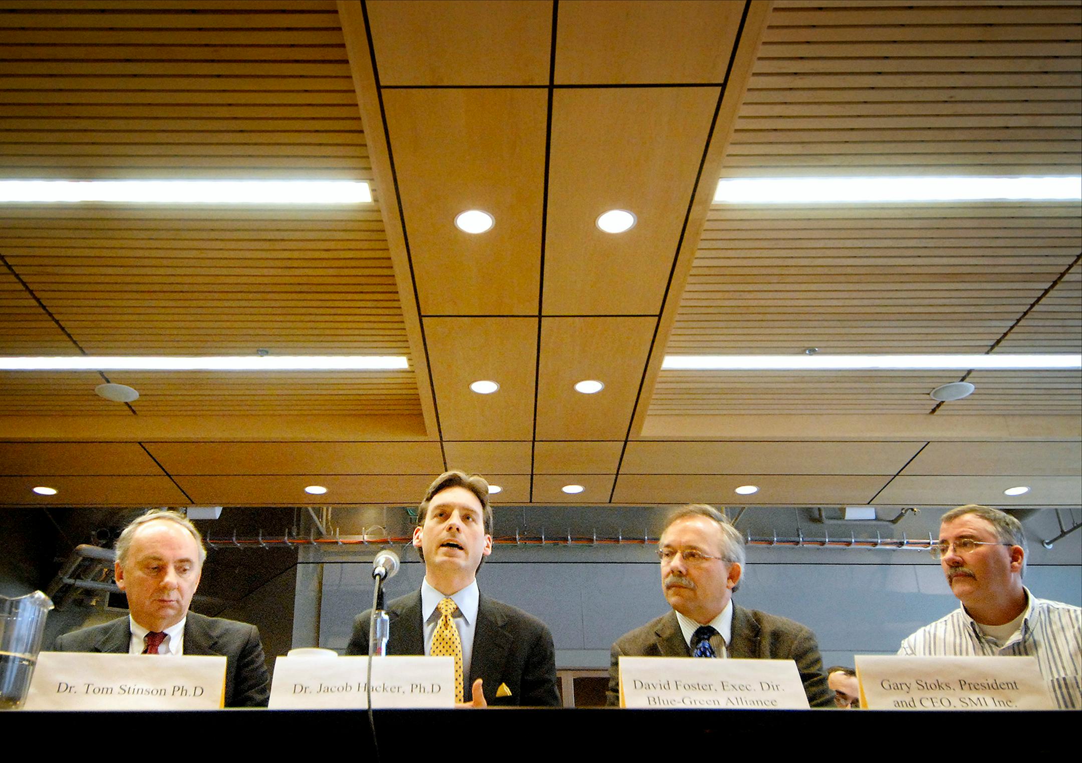 Testifying Wednesday at a Democrat-sponsored hearing in St. Paul on the state and national economy were Tom Stinson, Jacob Hacker, David Foster and Gary Stoks