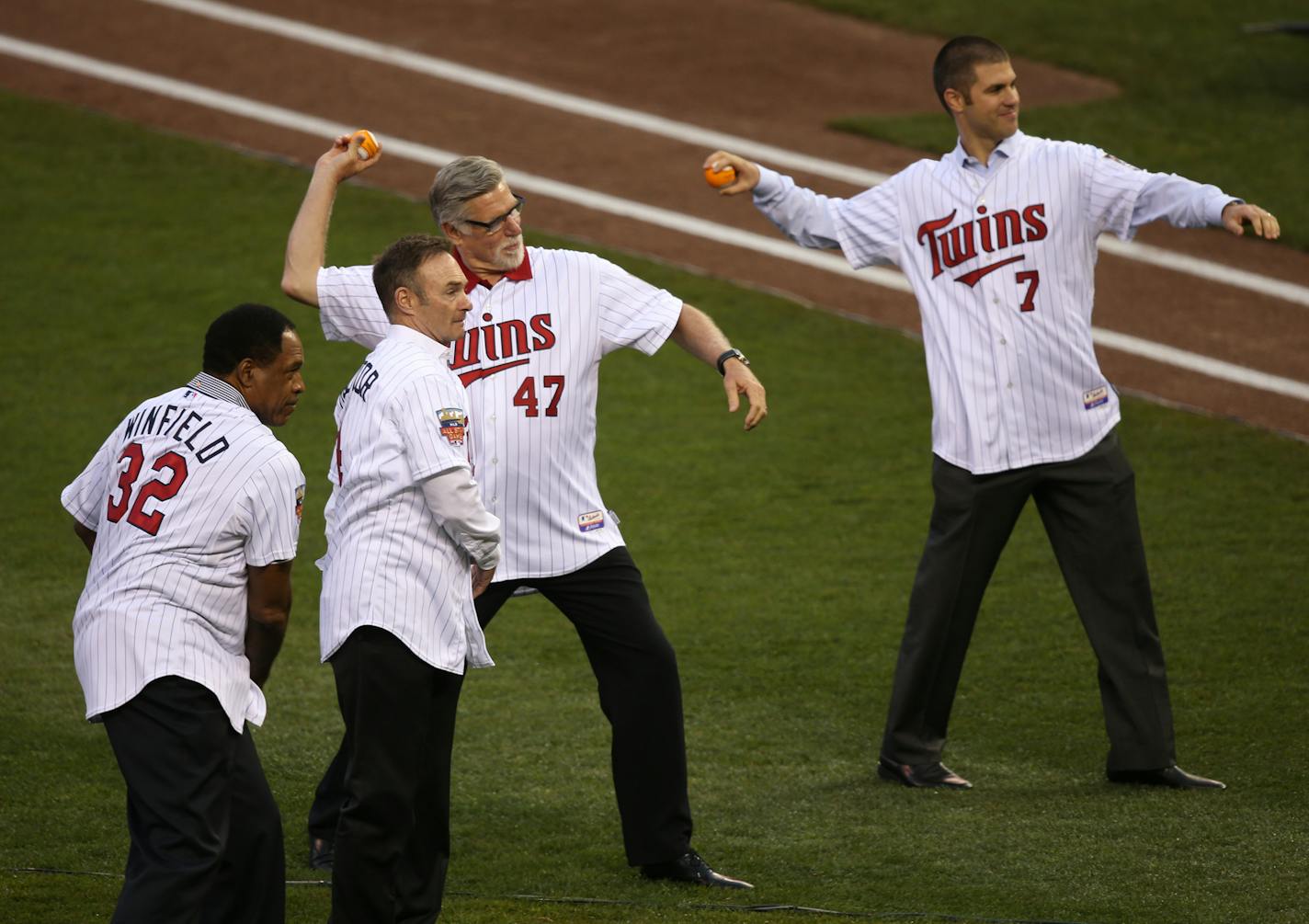 From left: Dave Winfield, Paul Molitor, Jack Morris and Joe Mauer threw out ceremonial first pitches during the 2014 MLB Home Run Derby at Target Field.