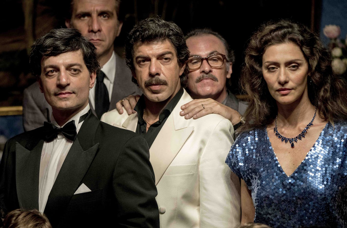 Left to Right: Goffredo Bruno as STEFANO BONTADE, Pierfrancesco Favino as TOMMASO BUSCETTA, Fabrizio Ferracane as PIPPO CAL&#xd2;, Maria Fernanda C&#xe2;ndido as
CRISTINA in THE TRAITOR.
&#xa9; Lia Pasqualino. Courtesy Sony Pictures Classics.