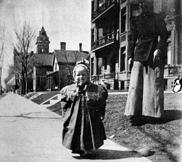 F. Scott Fitzgerald, age 1, in 1897, in front of his parents' apartment at 481 Laurel Av., St. Paul.