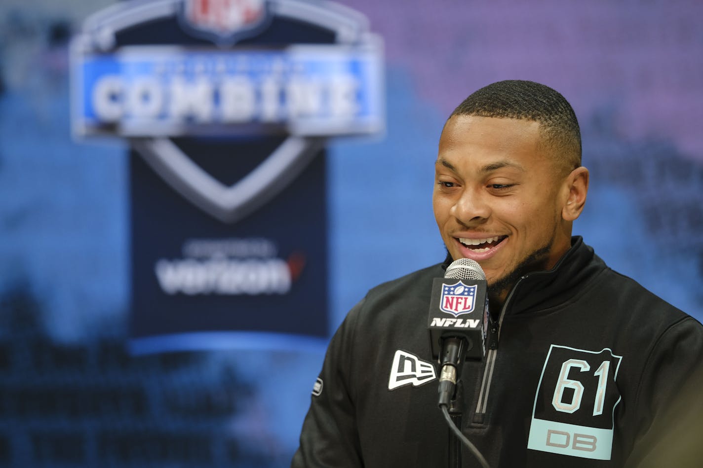 Minnesota defensive back Antoine Winfield Jr. speaks during a press conference at the NFL football scouting combine in Indianapolis, Friday, Feb. 28, 2020. (AP Photo/AJ Mast)