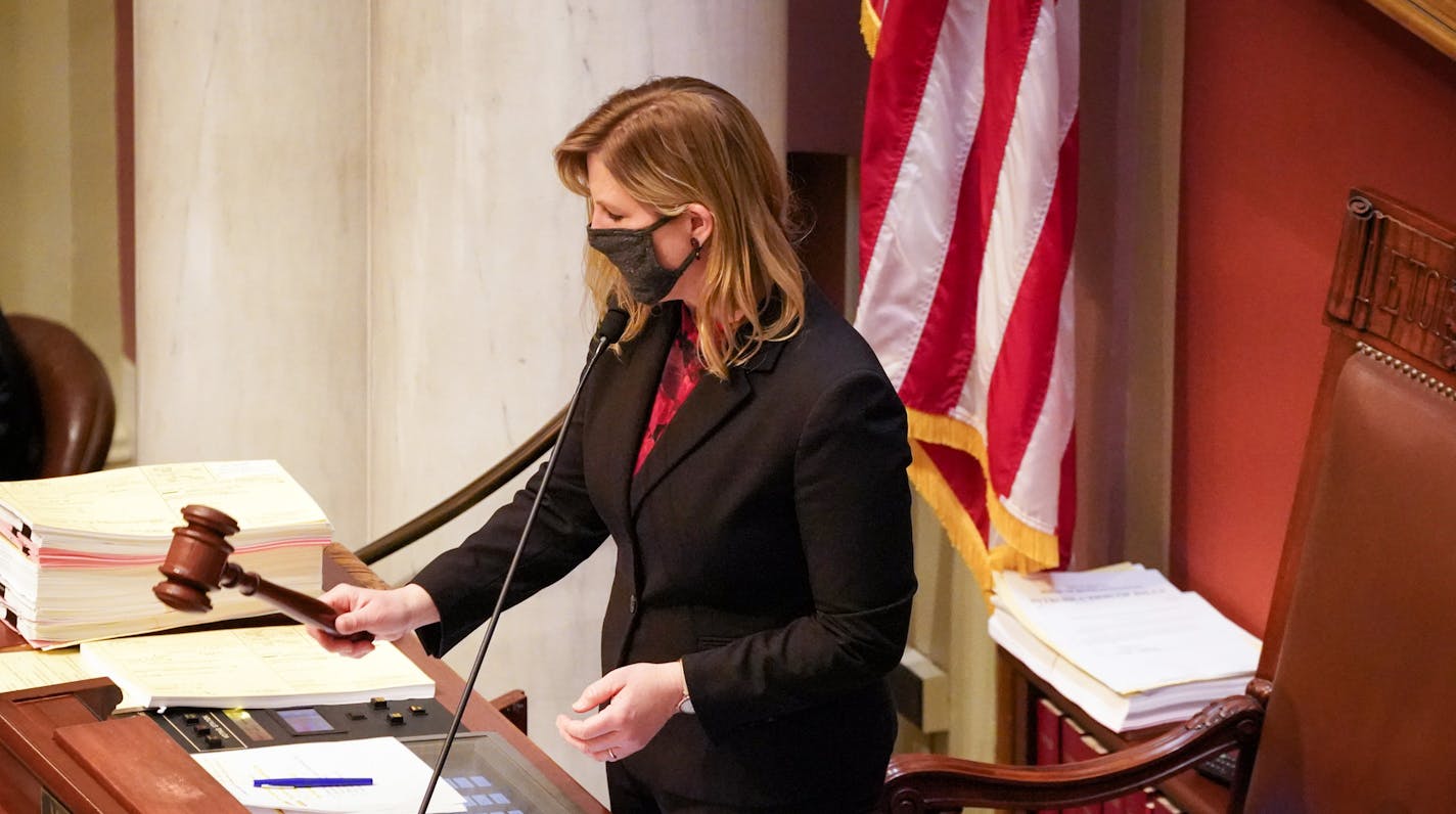 House Speaker Melissa Hortman, DFL-Brooklyn Park. ] GLEN STUBBE • glen.stubbe@startribune.com Sunday, May 17, 2020 The House floor on the final day of the regular Minnesota legislative session that votes may be cast for bills. A small number of legislators including their leaders, must stay in St Paul. The rest listen or watch from their homes or offices. All votes are cast by roll call vote, recorded by the Chief Clerk Patrick Duffy Murphy.