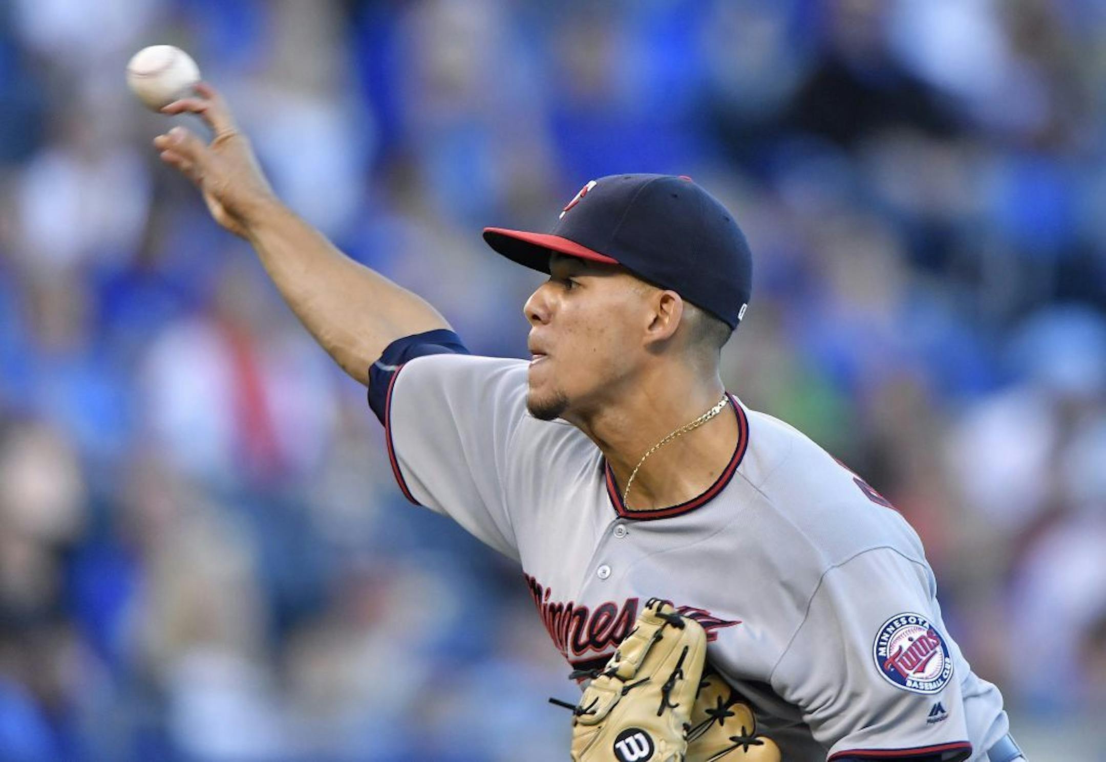 Minnesota Twins starting pitcher Jose Berrios throws in the first inning against the Kansas City Royals on Tuesday, Sept. 27, 2016, Kauffman Stadium in Kansas City, Mo.