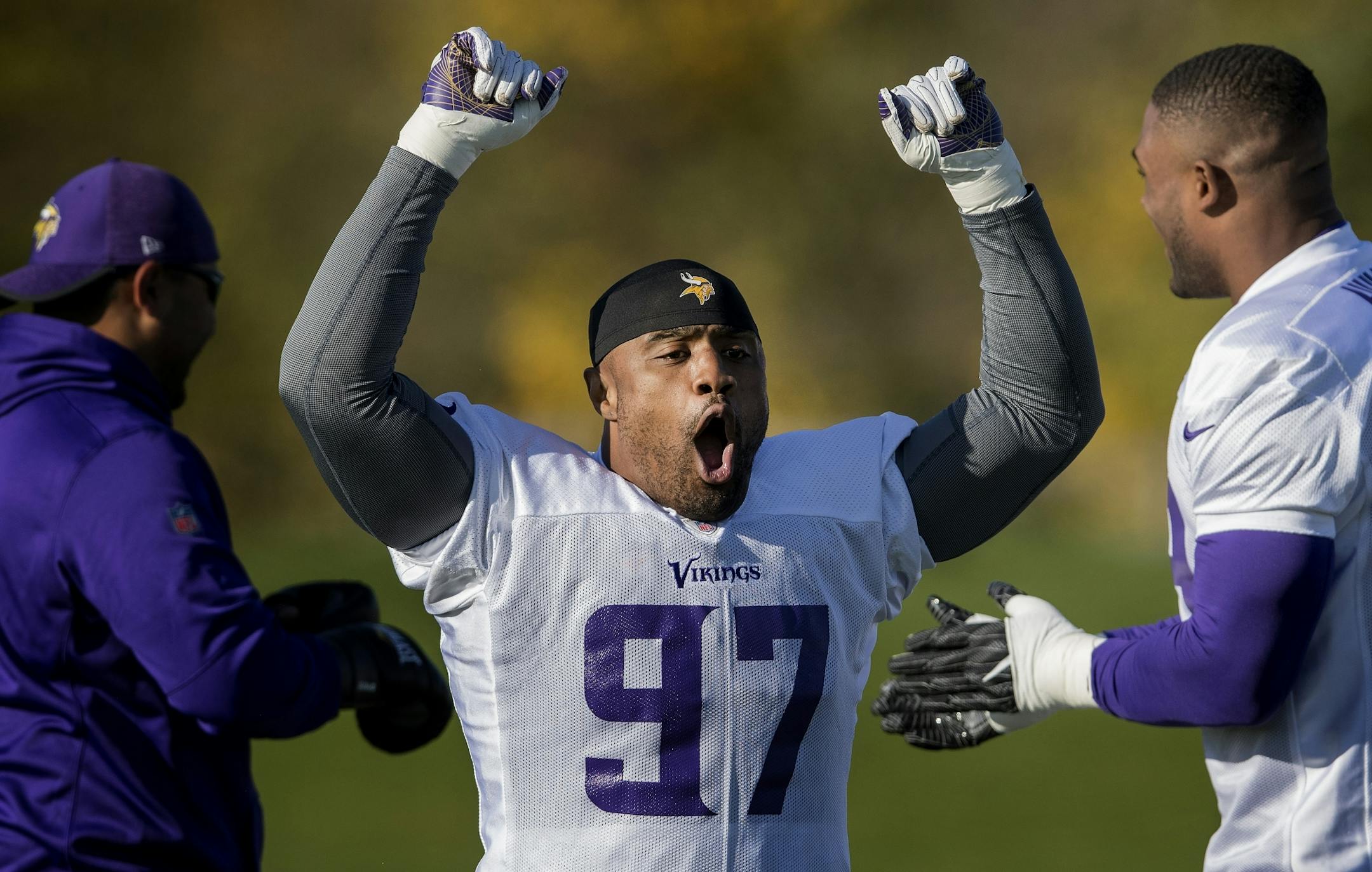 Minnesota Vikings defensive end Everson Griffen (97) shouted out during a practice at the London Irish Training Ground in perpetration for a game vs. the Cleveland Browns.