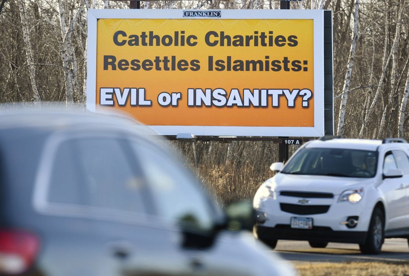 A sign along Stearns County Road 75 between Waite Park and St. Joseph, shown Tuesday, Feb. 16, 2016, has created controversy. The sign company says it will come down because the statement is inaccurate.