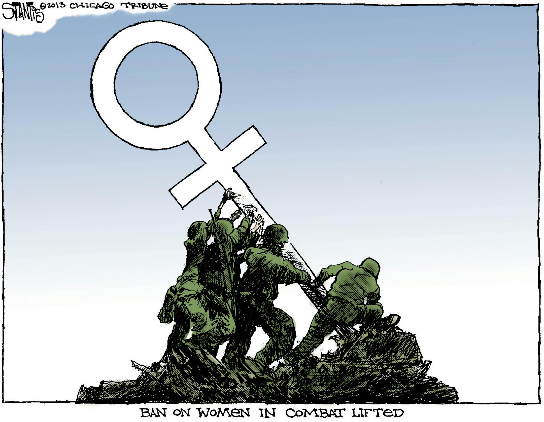 Scott Stantis cartoon for Jan. 26, 2013. Topic: Pentagon lifts ban on women in combat.