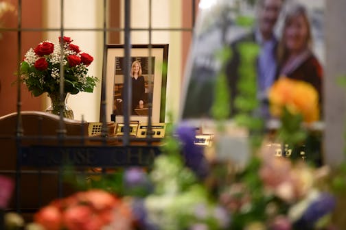 A portrait of DFL Speaker Emerita Melissa Hortman rests on her desk in the house chambers on June 27 at the Minnesota State Capitol in St. Paul.