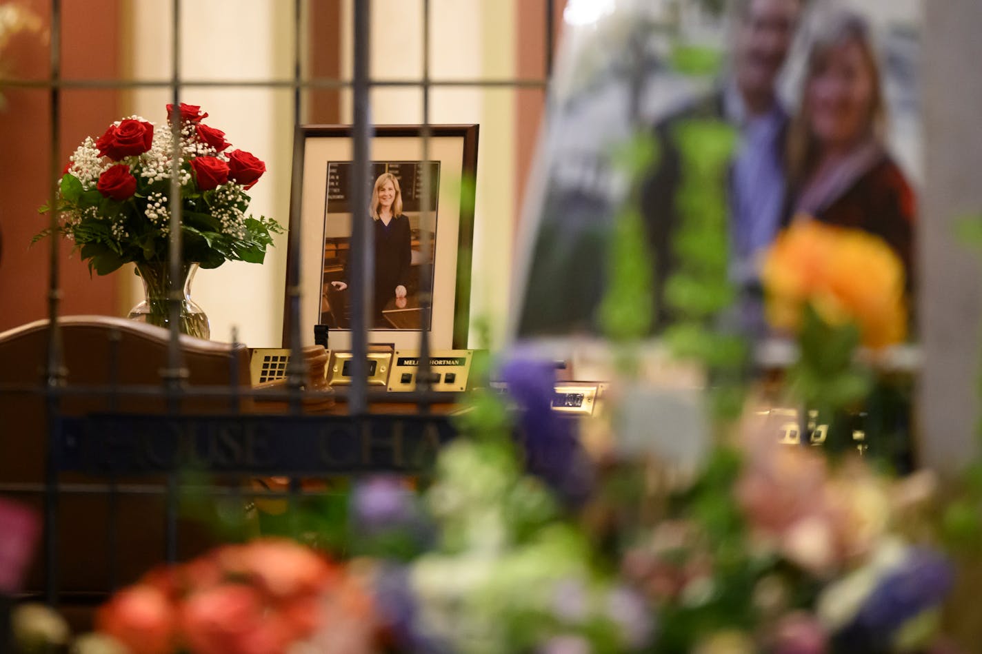 A portrait of DFL Speaker Emerita Melissa Hortman rests on her desk in the house chambers on June 27 at the Minnesota State Capitol in St. Paul.
