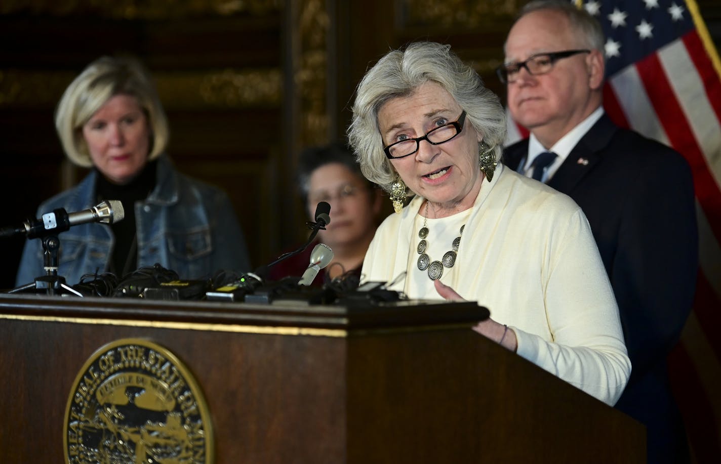 Minnesota Dept. of Health Commissioner Jan Malcolm addresses the media about the state's first confirmed case of Coronavirus Friday, March 6, 2020 at the Minnesota State Capitol in St. Paul, Minn. (Aaron Lavinsky/Star Tribune via AP)