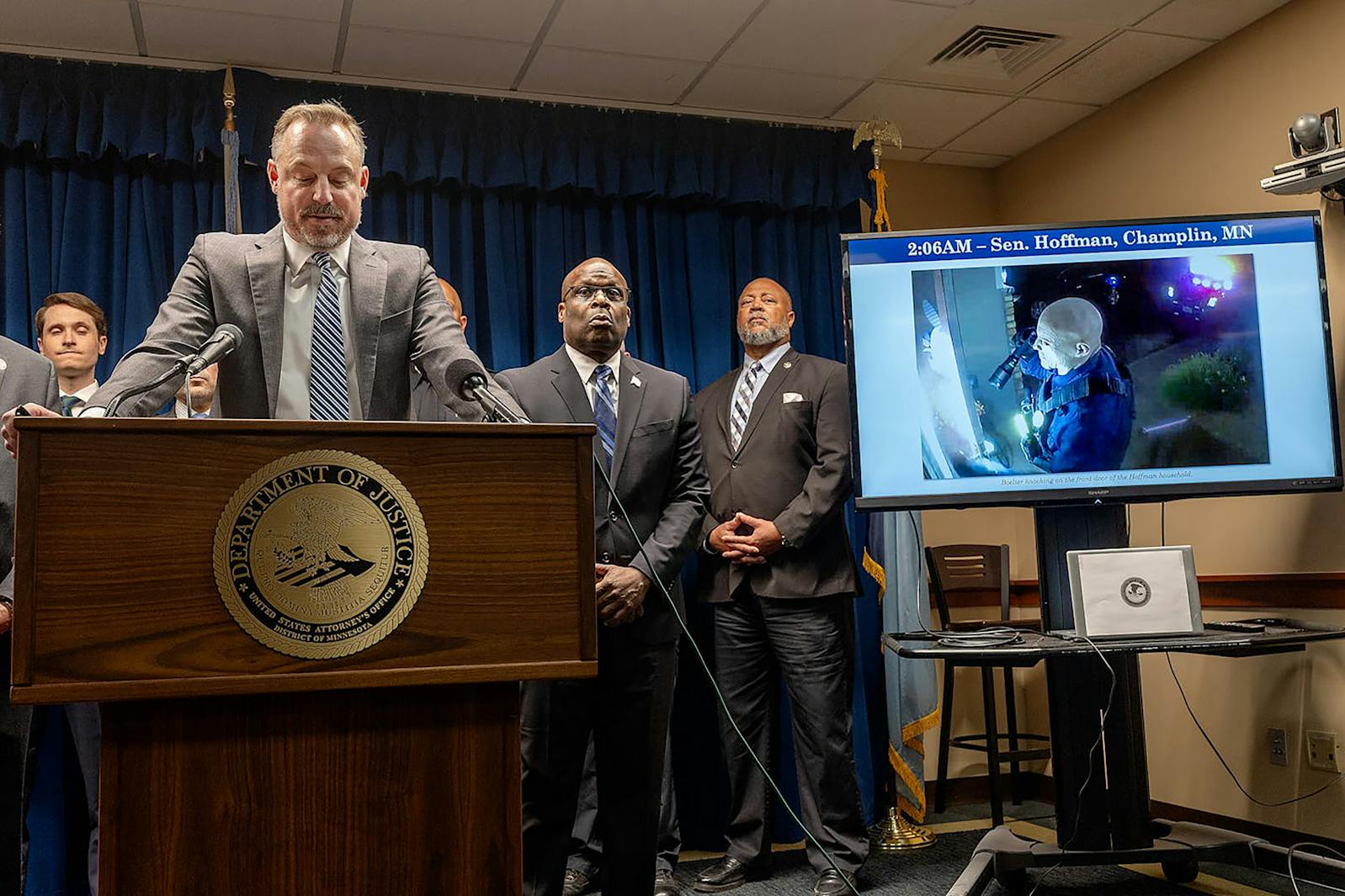 Acting U.S. Attorney Joseph H. Thompson addresses the media regarding the Federal charges against Vance Boelter, who has been taken into custody on Sunday evening, during a press conference at the United States Courthouse in Minneapolis on Monday, June 16, 2025.