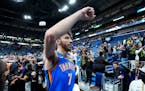 Oklahoma City Thunder forward Chet Holmgren celebrates as he walks off the court after defeating the New Orleans Pelicans in Game 4.