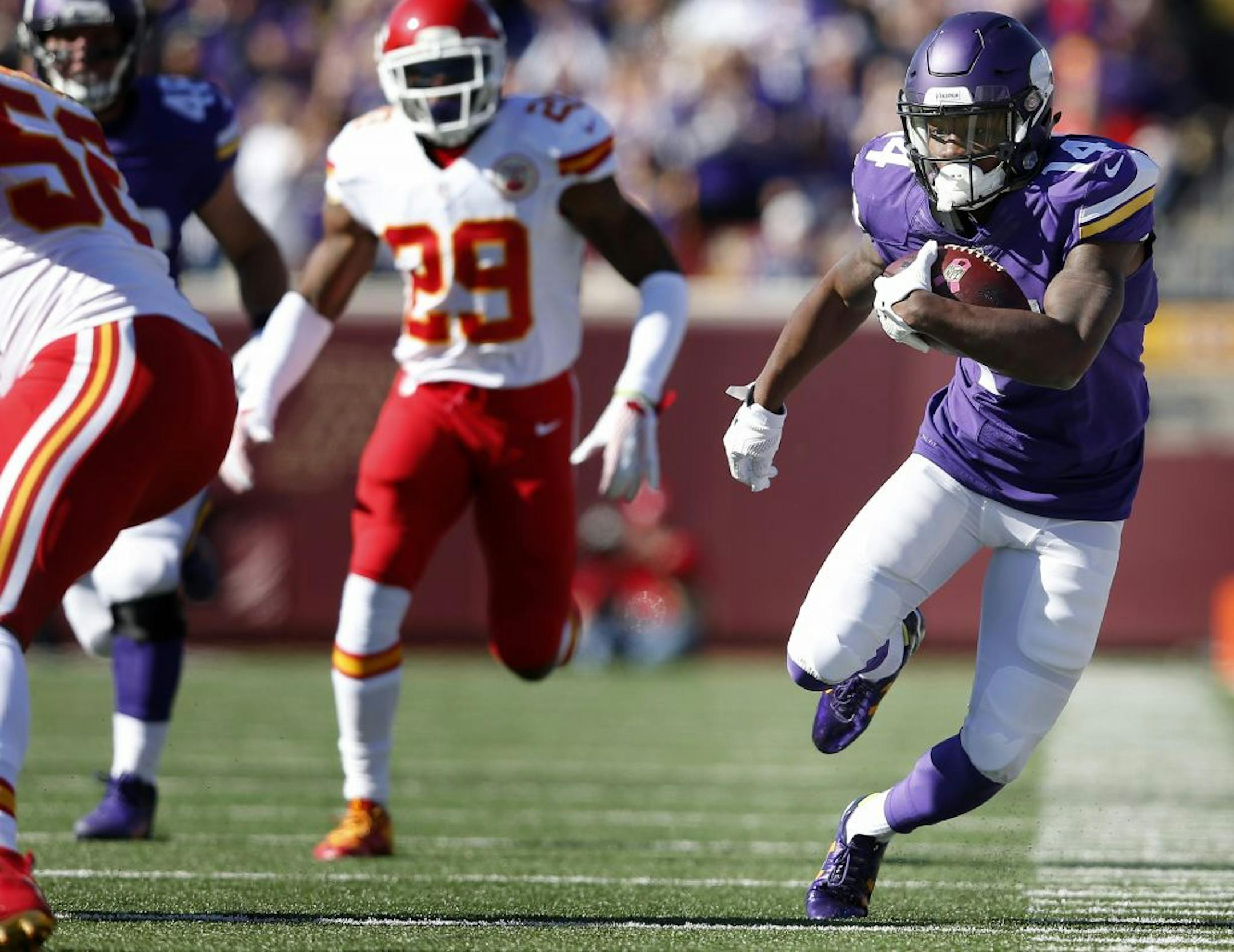 Vikings receiver Stefon Diggs (14) made a 31-yard reception and run in the first quarter against the Chiefs in October.