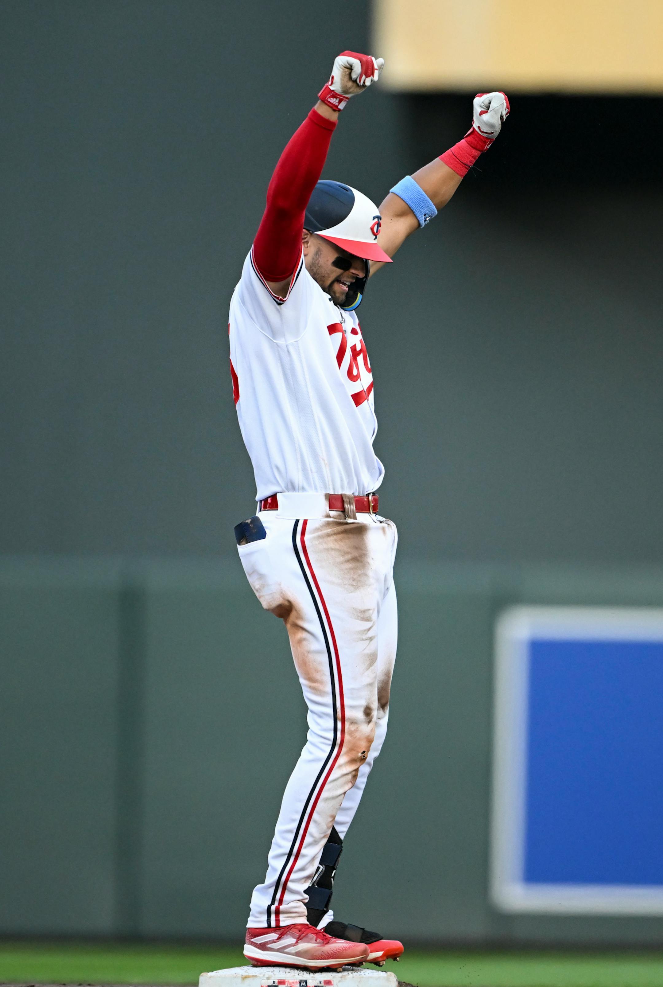 Minnesota Twins third baseman Royce Lewis (23) dances on second base after doubling in the bottom of the fourth inning against the Boston Red Sox Wednesday, June 21, 2023, at Target Field in Minneapolis, Minn.