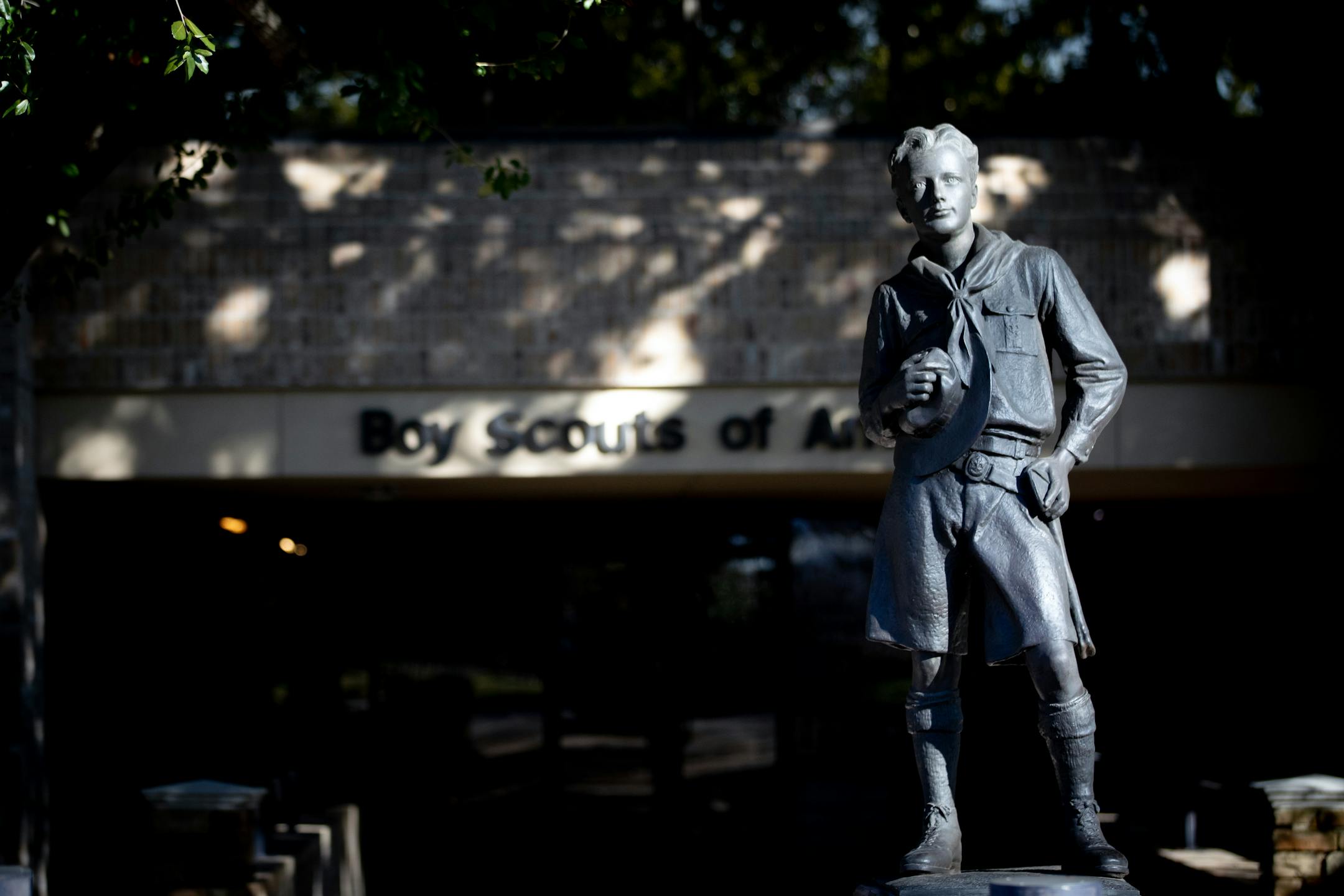 A statue outside the national headquarters of the Boy Scouts of America in Irving, Texas, on Feb. 14, 2020. The Boy Scouts, an iconic presence in the nation's experience for more than a century, filed for Chapter bankruptcy protection on Tuesday, Feb. 18, 2020, succumbing to financial pressures that included a surge in legal costs over its handling of sexual abuse allegations.