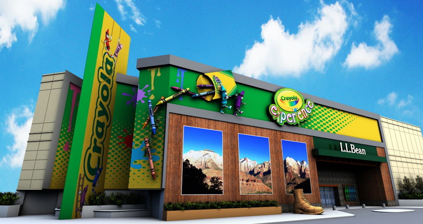 A concept drawing shows the exterior of the Mall of America with a Crayola theme to promote Crayola Experience.