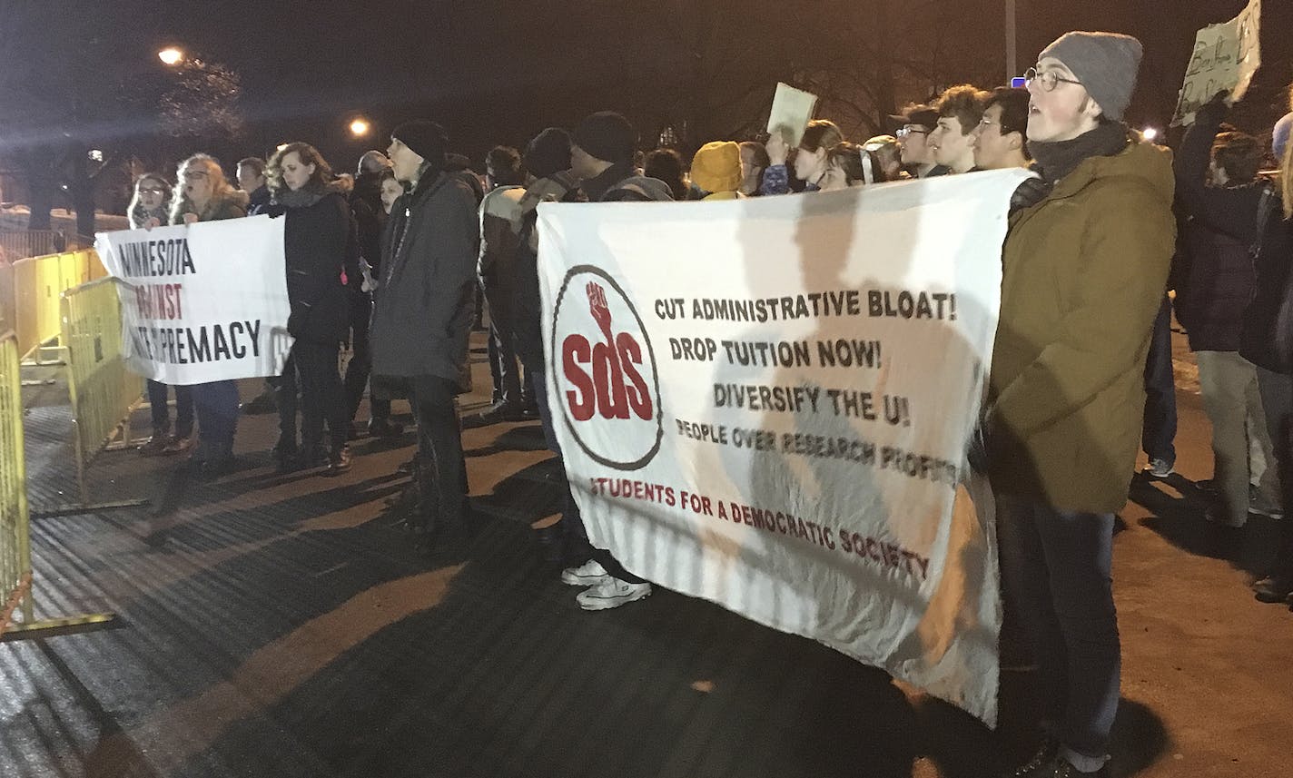 Dozens of protesters shouted and held signs outside the University of Minnesota building where conservative commentator Ben Shapiro is speaking Monday night. [ Star Tribune photo by Karen Zamora
1005599981 SHAPIRO022618