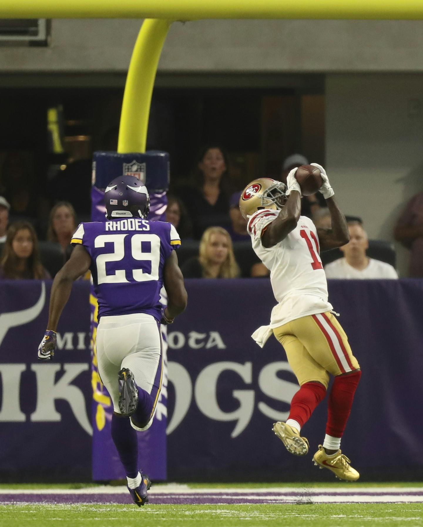 San Francisco 49ers wide receiver Marquise Goodwin (11) caught a 46 yard touchdown pass in the first quarter while out in front of Minnesota Vikings cornerback Xavier Rhodes (29). ] JEFF WHEELER &#xef; jeff.wheeler@startribune.com The Minnesota Vikings met the San Francisco 49ers in their third game of the NFL preseason Sunday night, August 27, 2017 at U.S. Bank Stadium in Minneapolis.