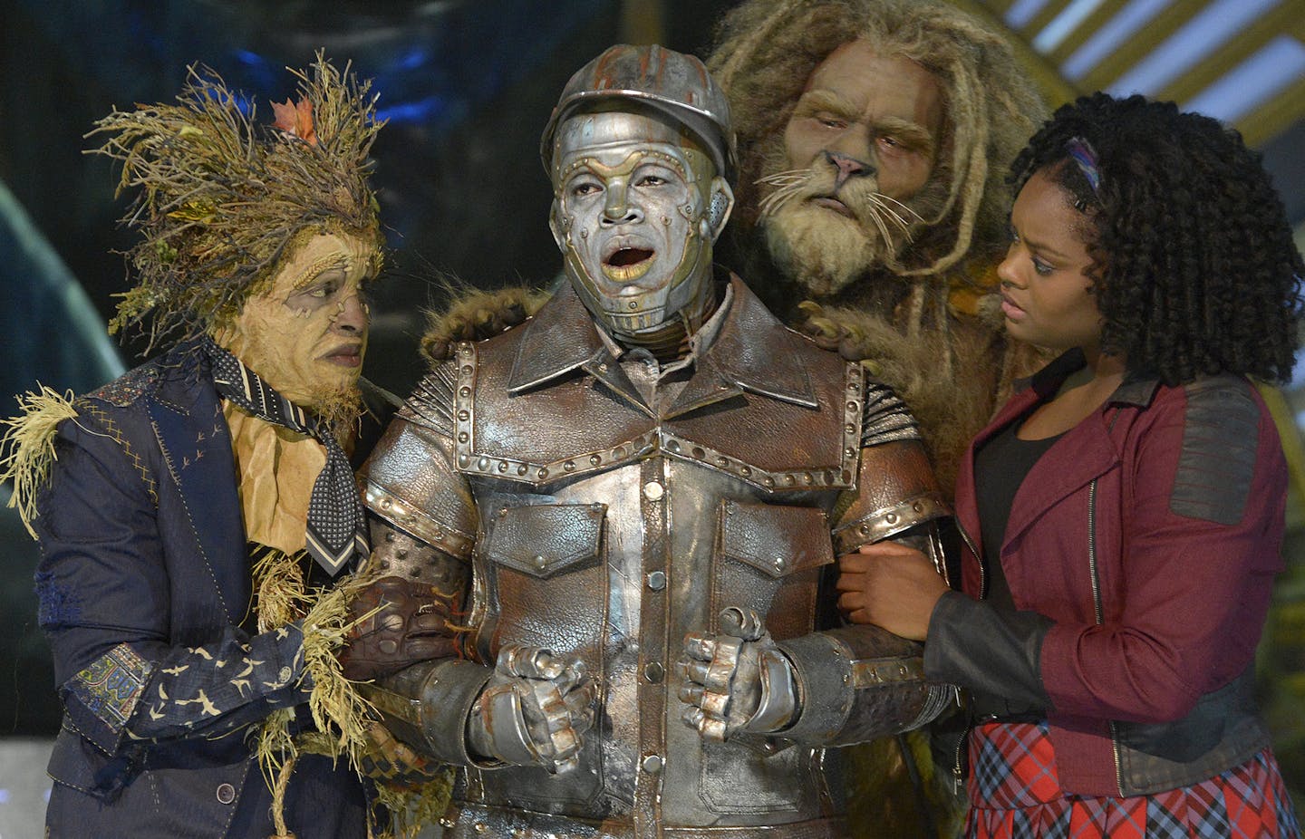 Elijah Kelley as Scarecrow, Ne-Yo as Tin-Man, David Alan Grier as Lion and Shanice Williams as Dorothy in &#x201c;The Wiz Live!&#x201d; 2015