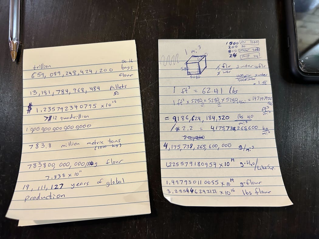 Michael Lillegard used his phone's calculator and scratch paper to determine how much flour it would take to turn Lake Superior into a loaf of bread.