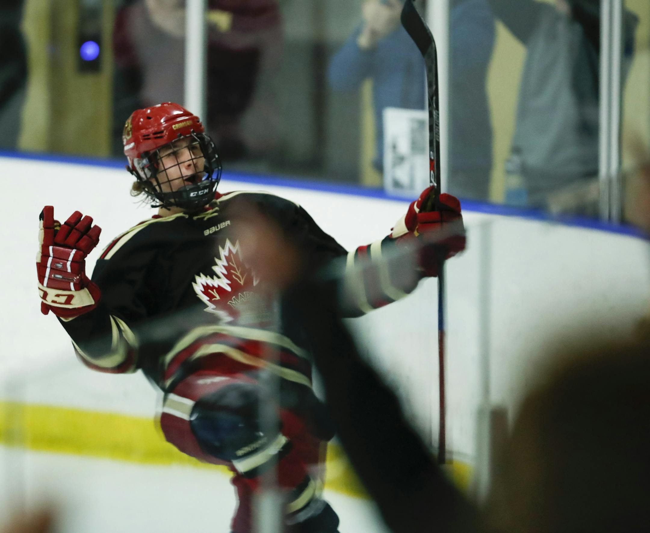 Maple Grove's Tyler Kostelecky celebrated his second period goal against Centennial. ] JEFF WHEELER ï jeff.wheeler@startribune.com Centennial faced Maple Grove in the Class 2A, Section 5 boy's final hockey final at Aldrich Arena Thursday night, March 2, 2017 in Maplewood.