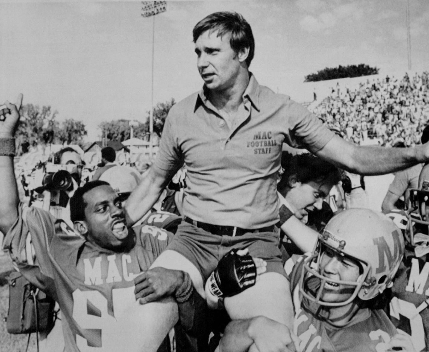 September 6, 1980. At last--Jubilant Macalester College players carry their coach, Tom Hosier, off the filed after ending their 50 game losing streak Saturday by beating Mount Senario College (Ladysmith, Wis.) 17-14 on a field goal in the final 11 seconds. Hosier is beginning his second year as head coach and has had as his main goal the ending of the longest losing streak in NCAA history. Larry Salzman, AP Laserphoto