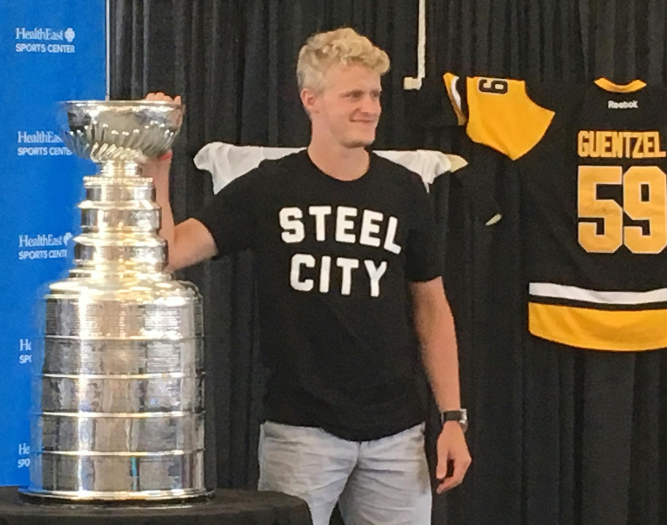 Pittsburgh Penguins forward Jake Guentzel posed with the Stanley Cup in Woodbury on July 13, 2017. Michael Rand * mrand@startribune.com