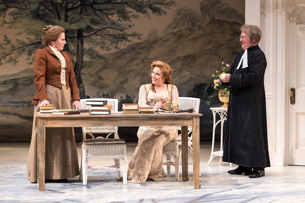 Michelle O’Neill as Miss Laetitia Prism, left, Adelin Phelps as Cecily Cardew and Bob Davis as the Rev. Canon Frederick Chasuble in “The Importance of Being Earnest.”