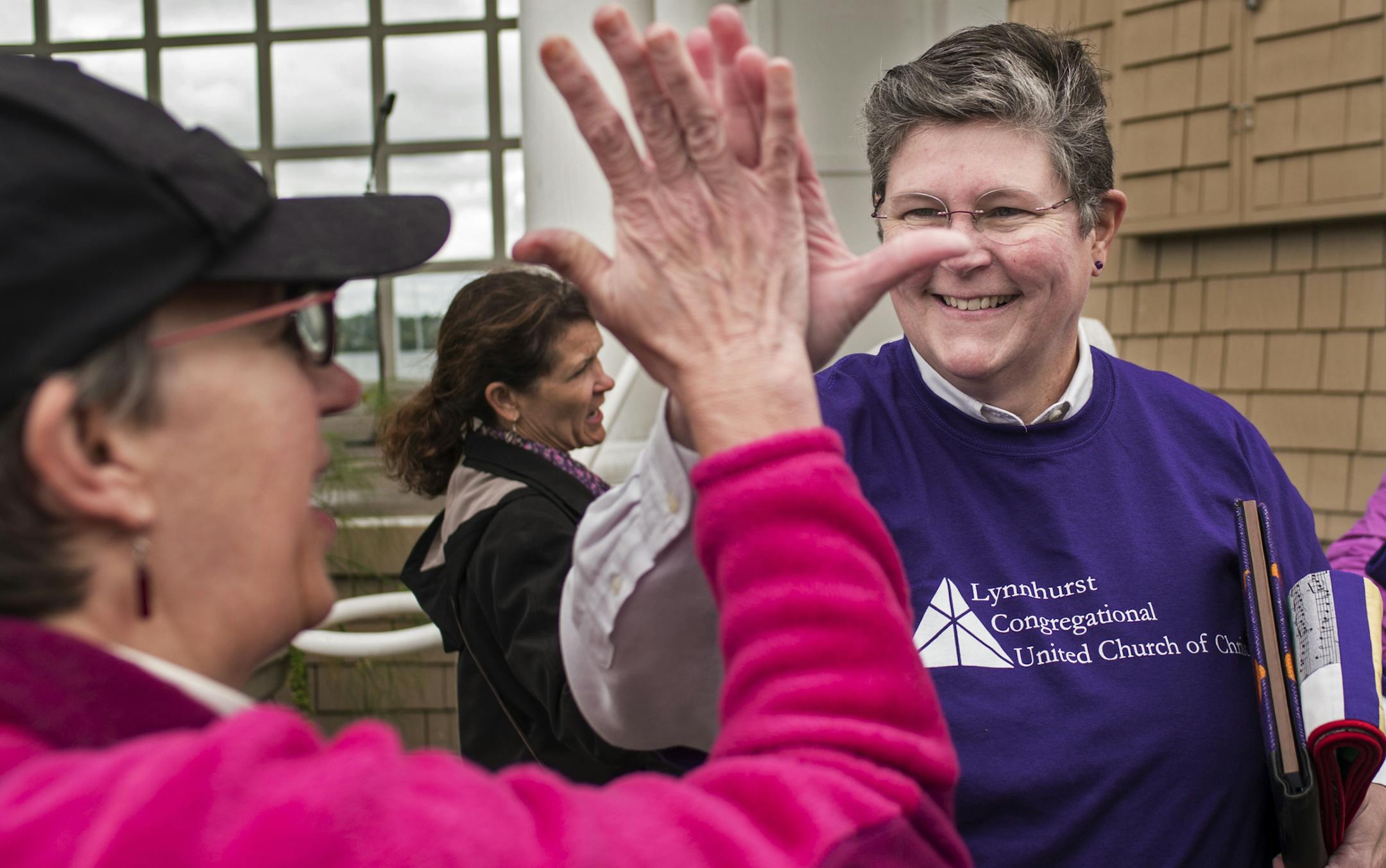 The Rev. Anita Bradshaw, right, led services at the Lake Harriet Band Shell. She was joined by the Rev. Elizabeth Mahan.