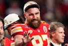 Kansas City Chiefs tight end Travis Kelce (87) waves after the NFL Super Bowl 58 football game against the San Francisco 49ers Sunday, Feb. 11, 2024, 