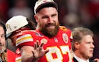 FILE - Kansas City Chiefs tight end Travis Kelce (87) waves after the NFL Super Bowl 58 football game against the San Francisco 49ers Sunday, Feb. 11,