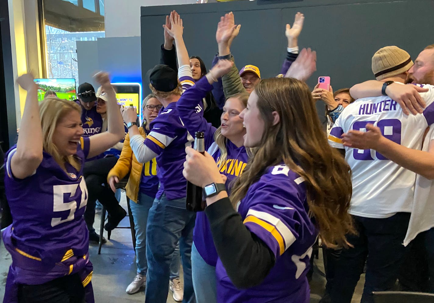 Minnesota Vikings fans celebrated at the Public House after the Vikings beat the Indianapolis Colts in overtime at U.S. Bank Stadium on Saturday, December 17, 2022. (Shari Gross/Star Tribune)