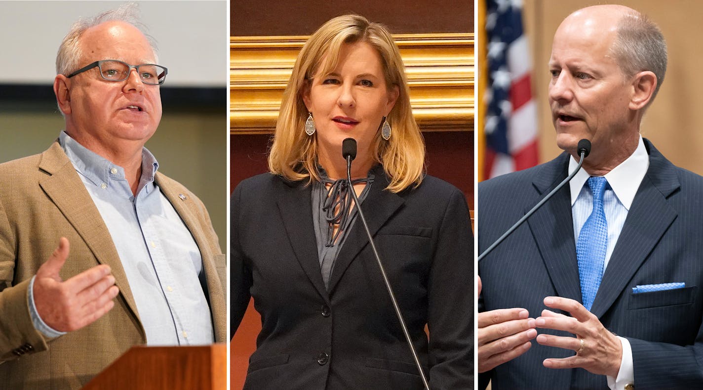 Gov. Tim Walz, left, House Speaker Melissa Hortman, center, and Senate Majority Leader Paul Gazelka.