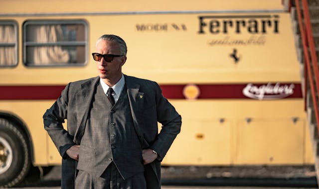 This image released by Neon shows Adam Driver as Enzo Ferrari in a scene from "Ferrari." (Lorenzo Sisti/Leon via AP)