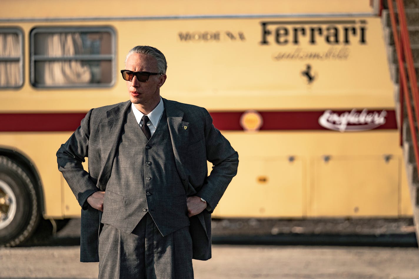 This image released by Neon shows Adam Driver as Enzo Ferrari in a scene from "Ferrari." (Lorenzo Sisti/Leon via AP)