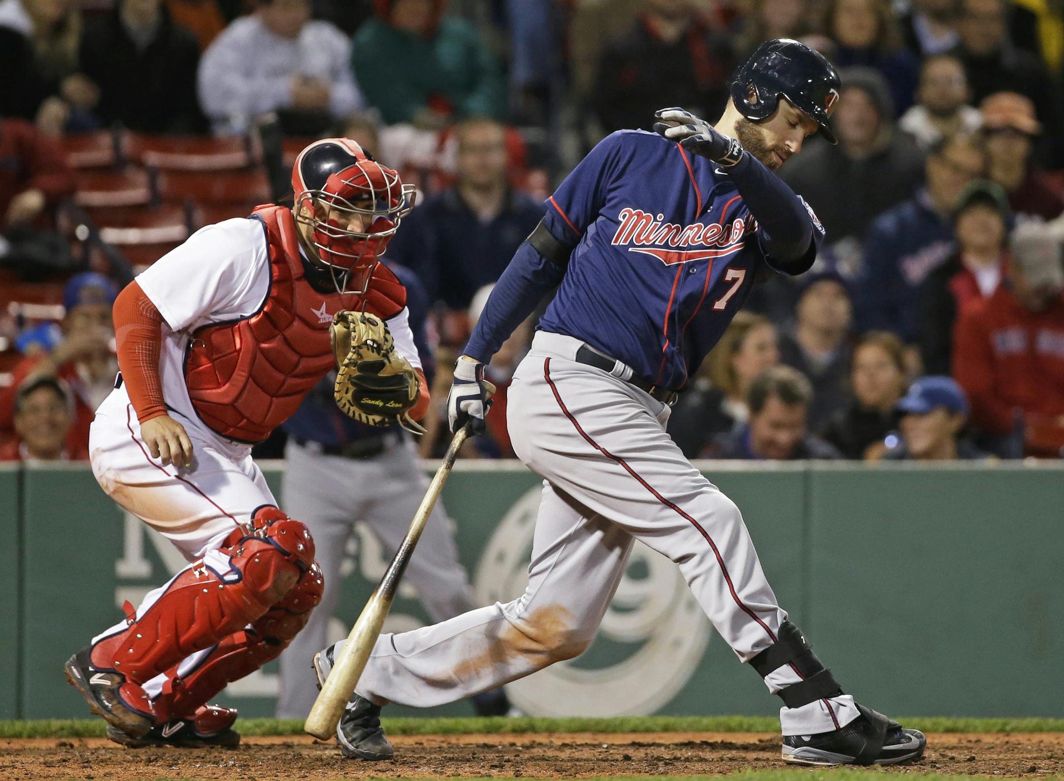 Joe Mauer strikes out in a 1-0 loss to Boston. Mauer is on pace for a career lows in on-base percentage and slugging percentage.