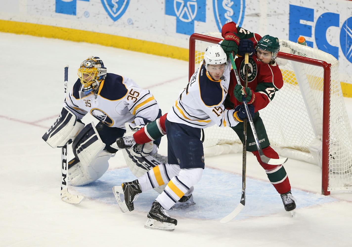 Sabres center Jack Eichel shoved Wild right winger Nino Niederreiter out of the crease to give goalie Linus Ullmark a clear view in the third period Tuesday night.