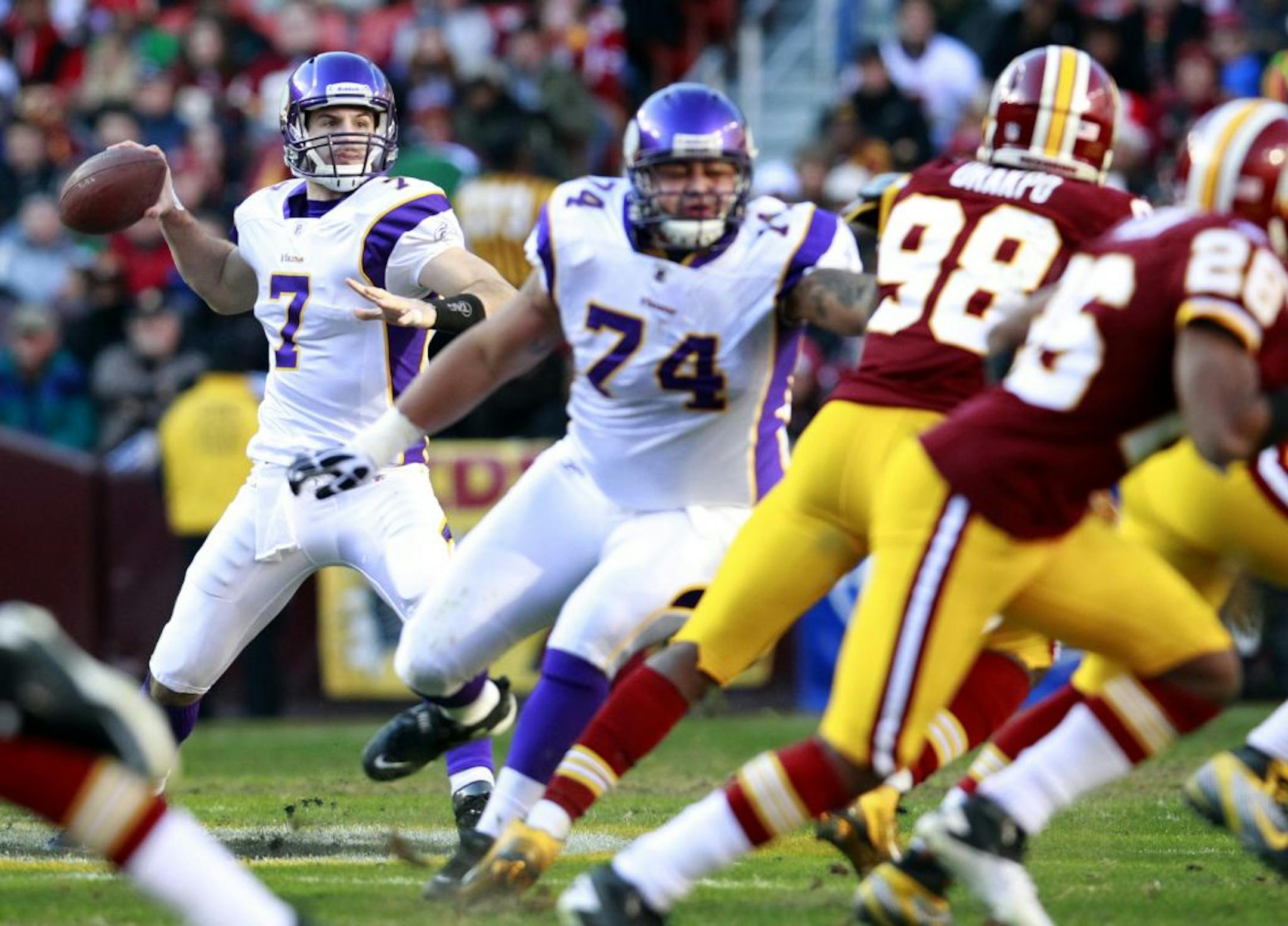 Vikings quarterback Christian Ponder (7) scores well for moxie if not results.