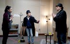Hope Nordquist, Eric Sharp and Luverne Seifert rehearsed &#x201c;Charles Francis Chan Jr.&#x2019;s Exotic Oriental Murder Mystery&#x201d; at the Guthr