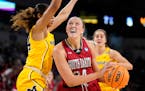 South Dakota’s Hannah Sjerven went to the basket against Michigan in the NCAA tournament last month.