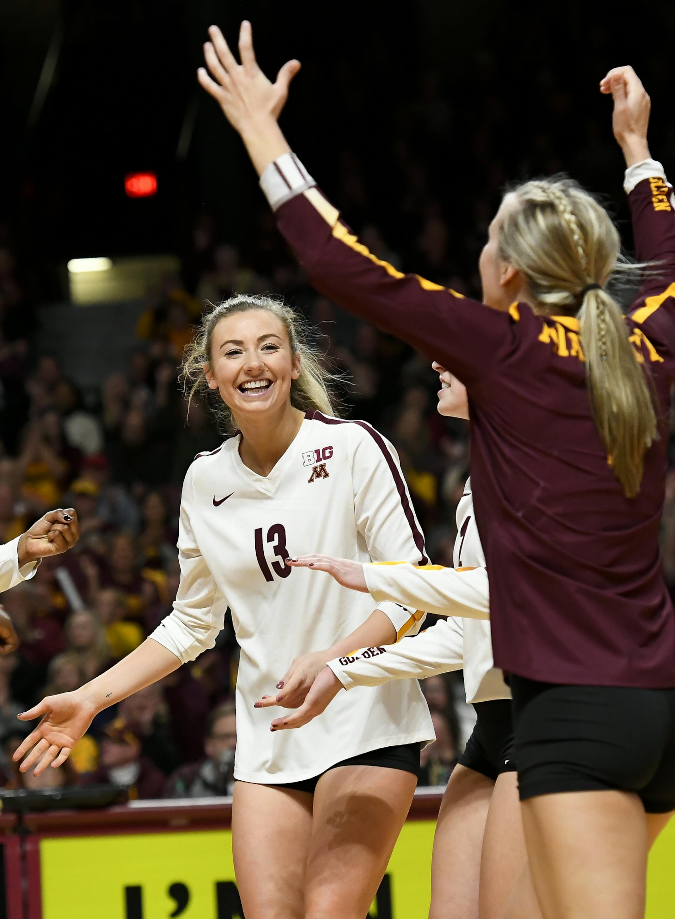 Minnesota Golden Gophers setter Samantha Seliger-Swenson (13) celebrated with teammates as they closed in on their 3-0 victory over Purdue late in the thir set Saturday night. ] Aaron Lavinsky &#x2022; aaron.lavinsky@startribune.com The University of Minnesota Golden Gophers volleyball team played the Purdue Boilermakers on Saturday, Nov. 10, 2018 at the University of Minnesota Athletic Pavilion.