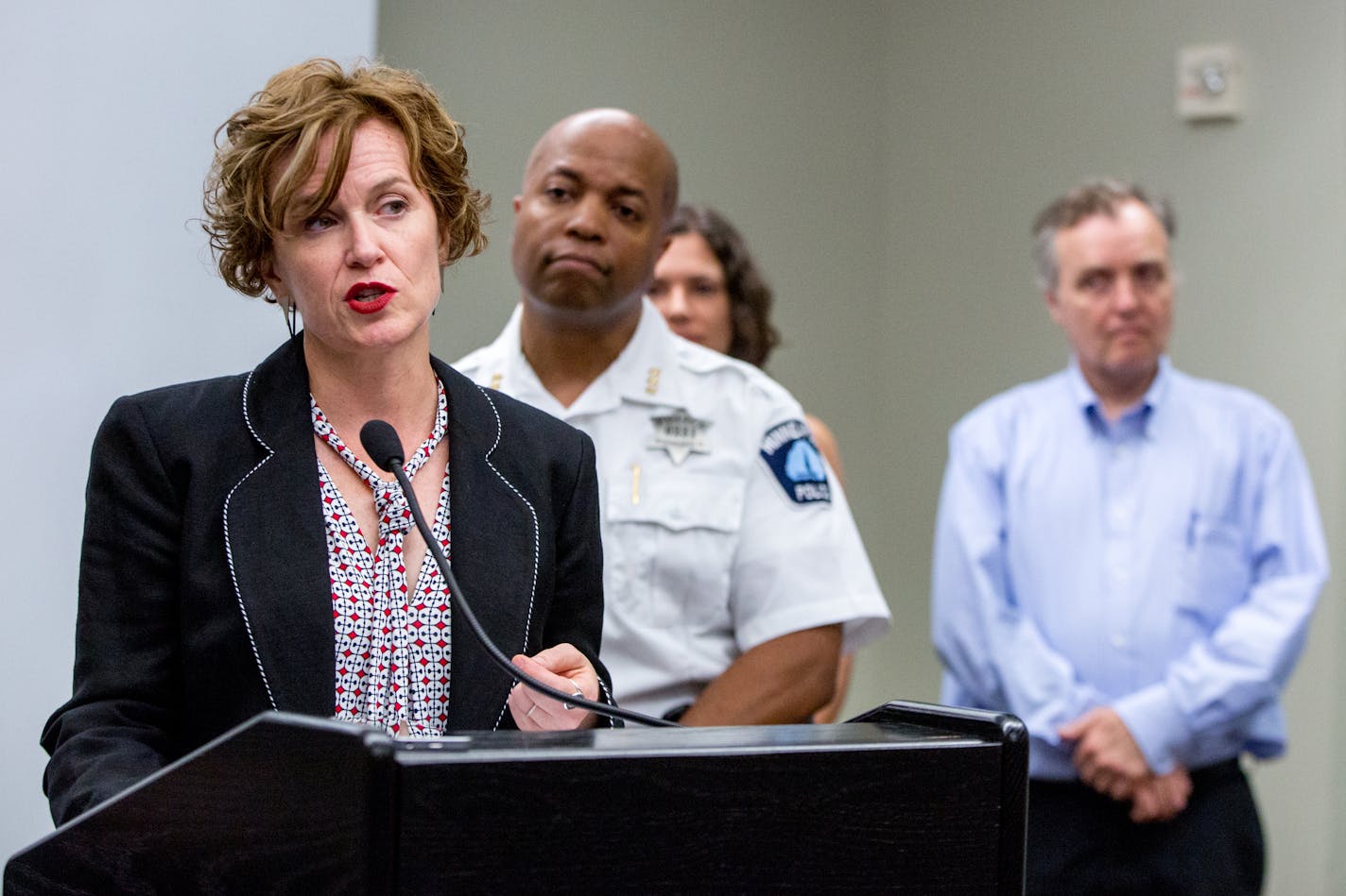 Minneaplis Mayor Betsy Hodges speaks during a news conference with acting Police Chief Medaria Arradondo on their vision for public safety at the Third Police Precinct on July 31, 2017.