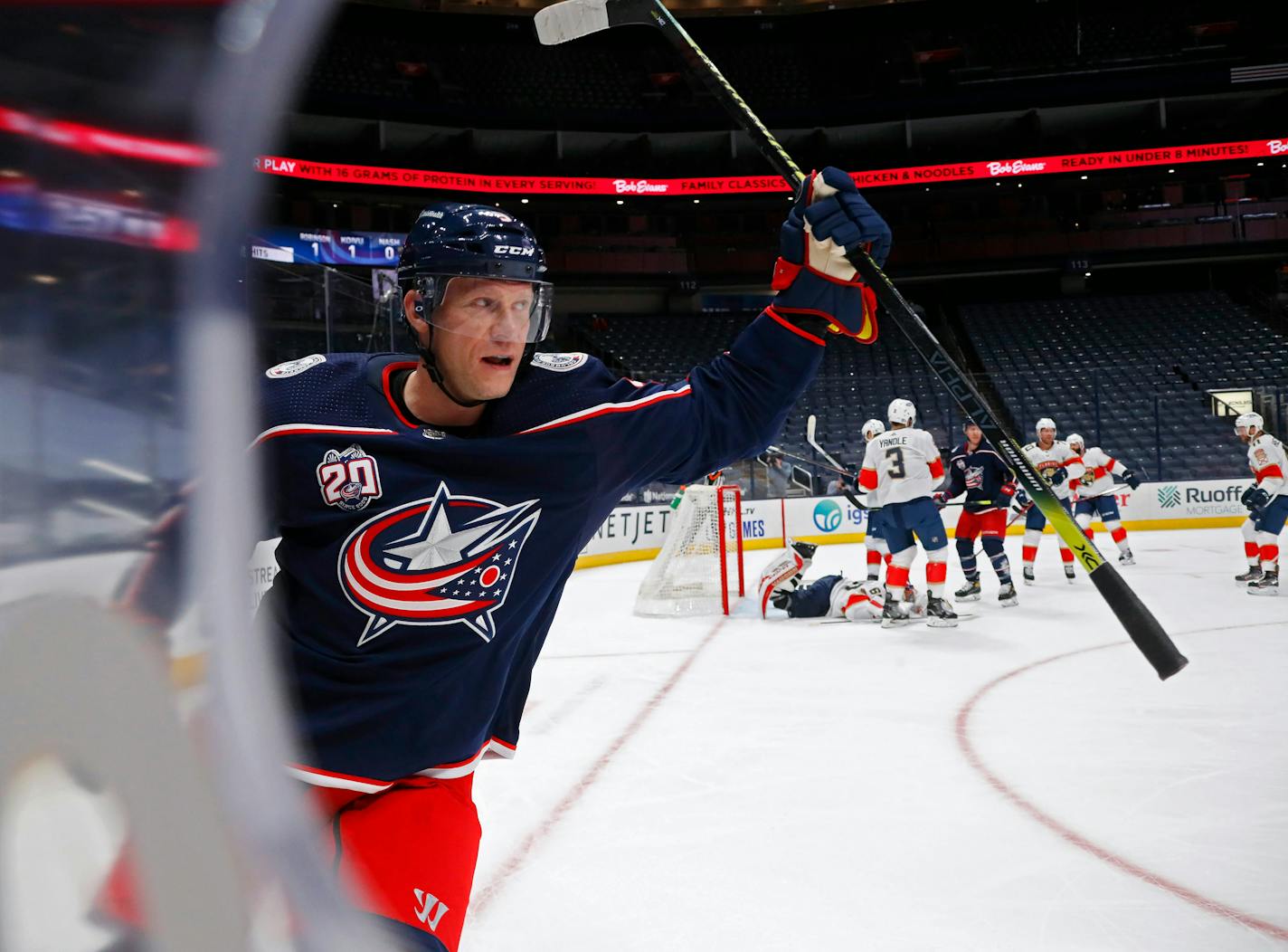 Columbus Blue Jackets center Mikko Koivu (9) celebrates after scoring a goal against Florida Panthers goaltender Chris Driedger (60) during the first period on January 28, 2021 at Nationwide Arena in Columbus, Ohio. (Kyle Robertson/Columbus Dispatch/TNS) ORG XMIT: 8224724W