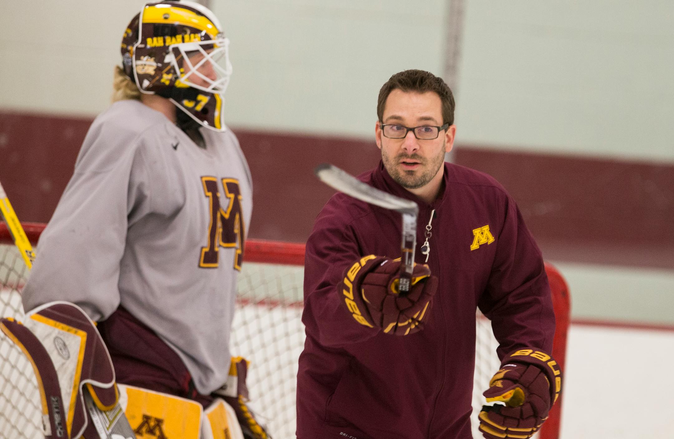 University of Minnesota women's hockey team head coach Brad Frost coaches practice at Schwann Super Rink in Blaine. ] (Leila Navidi/Star Tribune) leila.navidi@startribune.com BACKGROUND INFORMATION: Tuesday, March 15, 2016.
