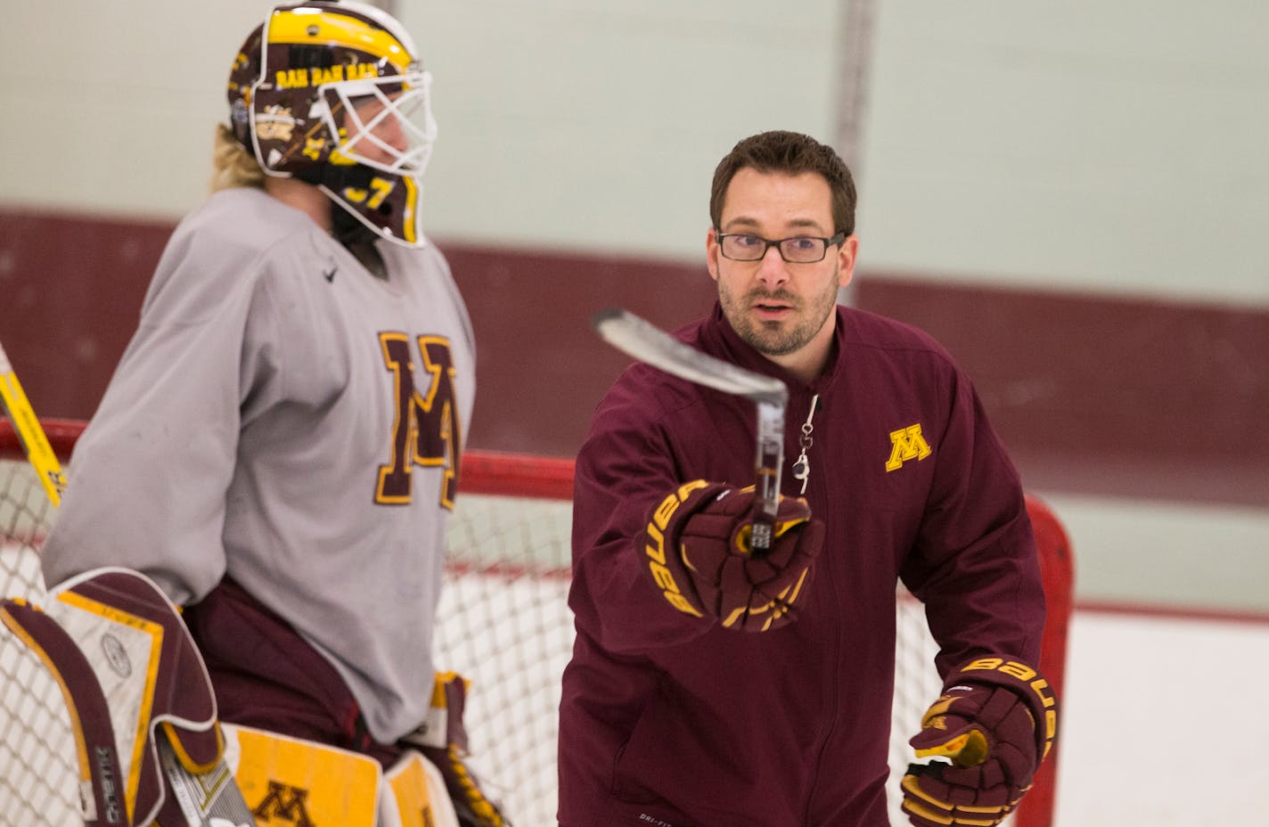 University of Minnesota women's hockey team head coach Brad Frost coaches practice at Schwann Super Rink in Blaine. ] (Leila Navidi/Star Tribune) leila.navidi@startribune.com BACKGROUND INFORMATION: Tuesday, March 15, 2016.